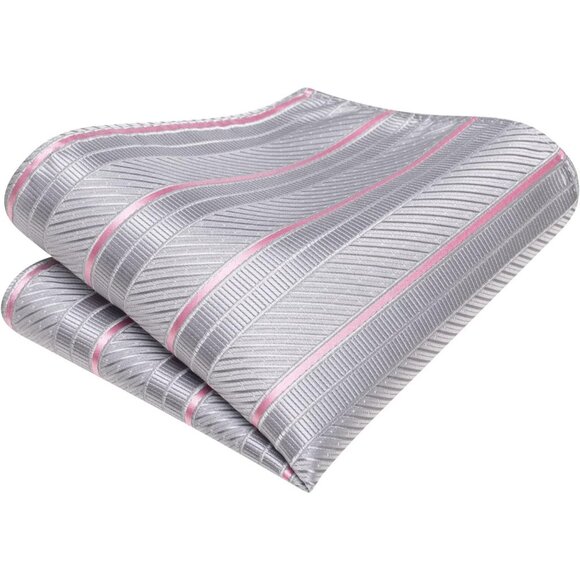 Mens Grey Pink Tie Set Solid Paisley Necktie Pocket Square Cufflinks Formal Silk - Picture 6 of 6